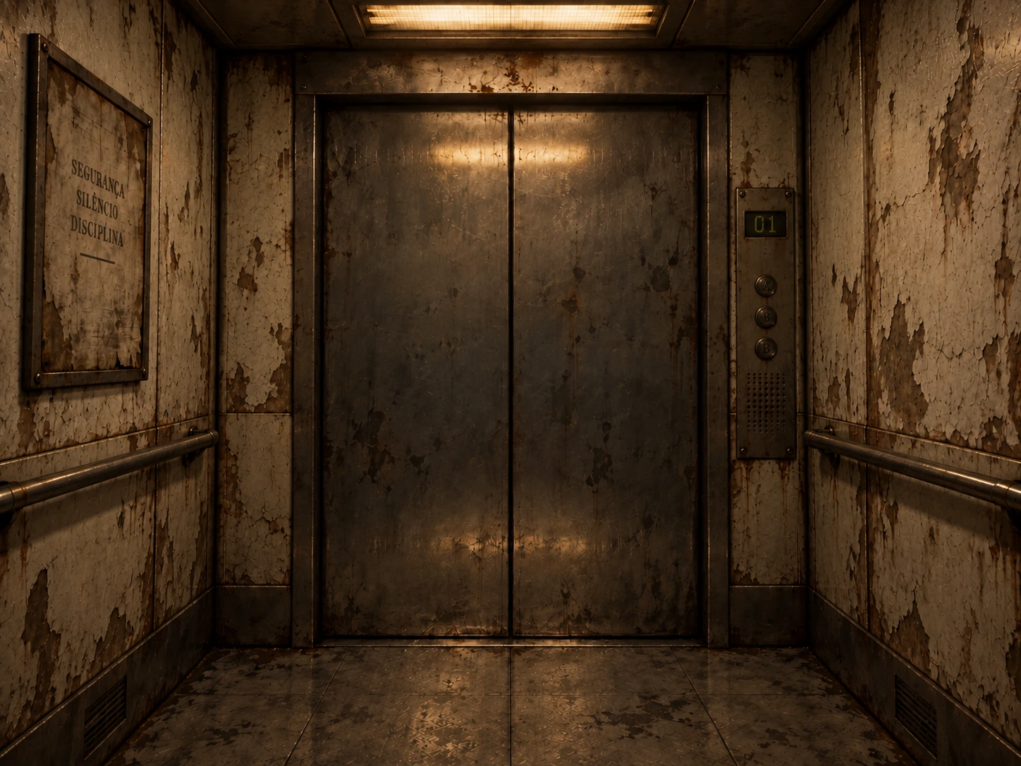 Interior do elevador da base: portas metálicas fechadas, luz amarelada e paredes descascadas.